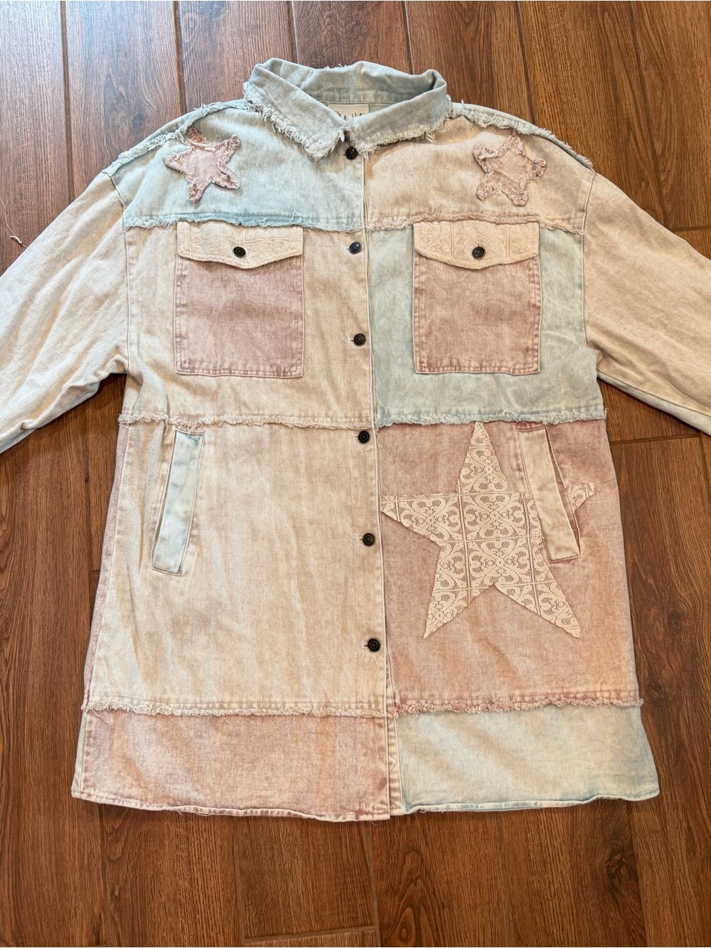 Oli & Hali Two-Tone Star Patch Denim Coat - Pink & Light Blue / womenโs large